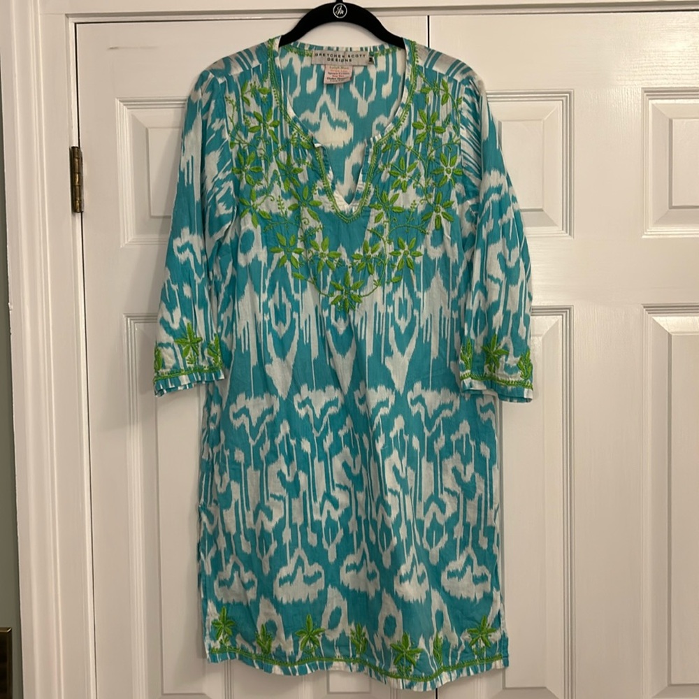 Gretchen Scott Tunic Cover Up Dress M Aqua Batik Embroidered Cotton Beach
